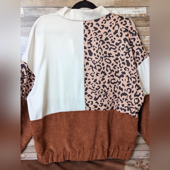 New Colorblock Corduroy Brown With White & Leopard Print Drop Shoulder Shacket - Picture 11 of 15